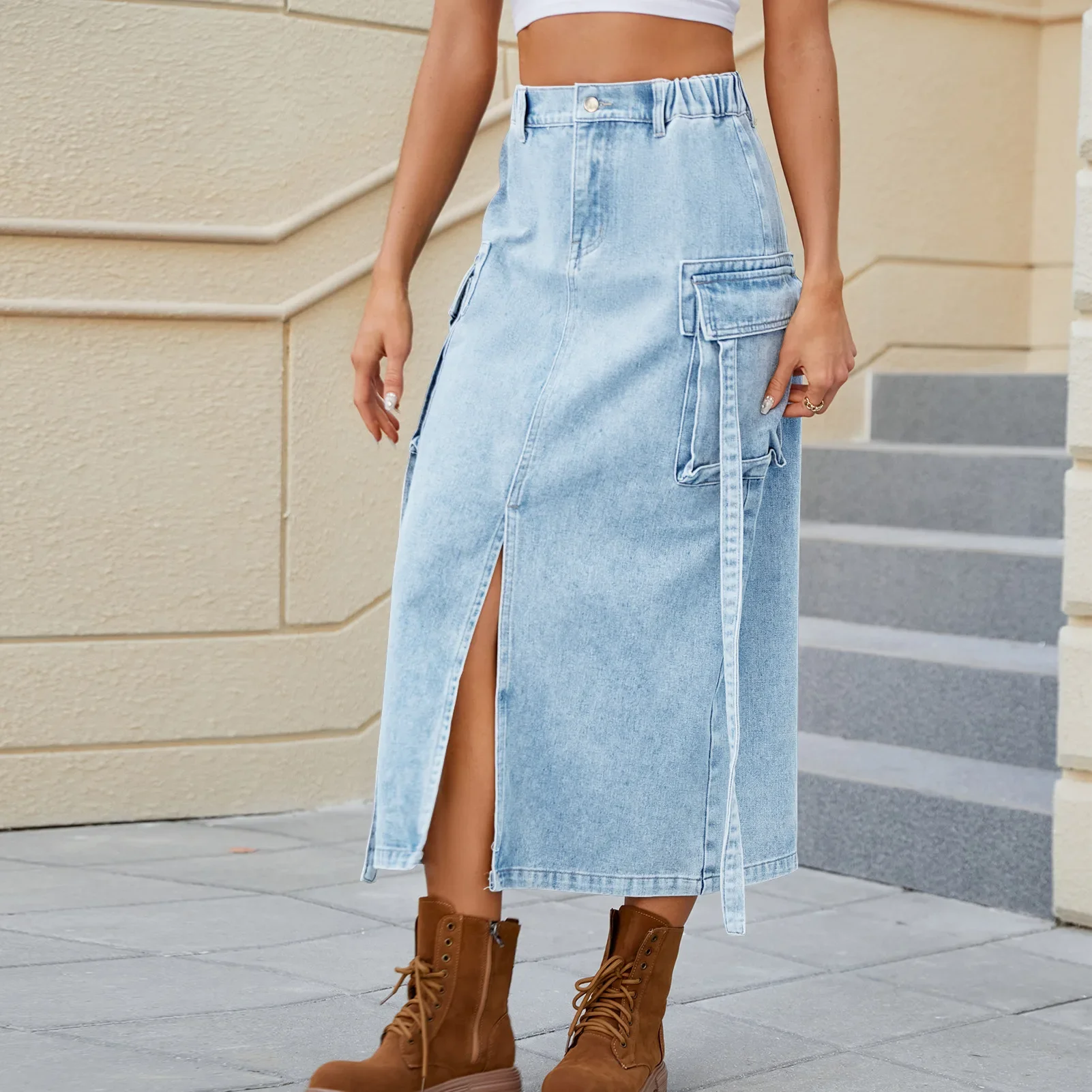 Gewassen cargo-halfbody rok met elastische taille, een nieuw en modieus lintontwerp, een lange rok met split voor dames in de lente en zomer