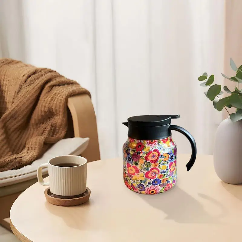 Tea Kettle 800ml Coffee Carafe Kettle Insulated Floral Pattern Teapot Stainless Steel Vacuum Thermal Pot for Brewing Filtering