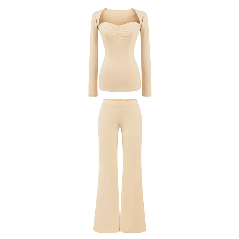 Spring New French Style Spicy Girl Square Neck Long Sleeve T-shirt for Women + High-Waisted Casual Flared Pants Two-Piece P9