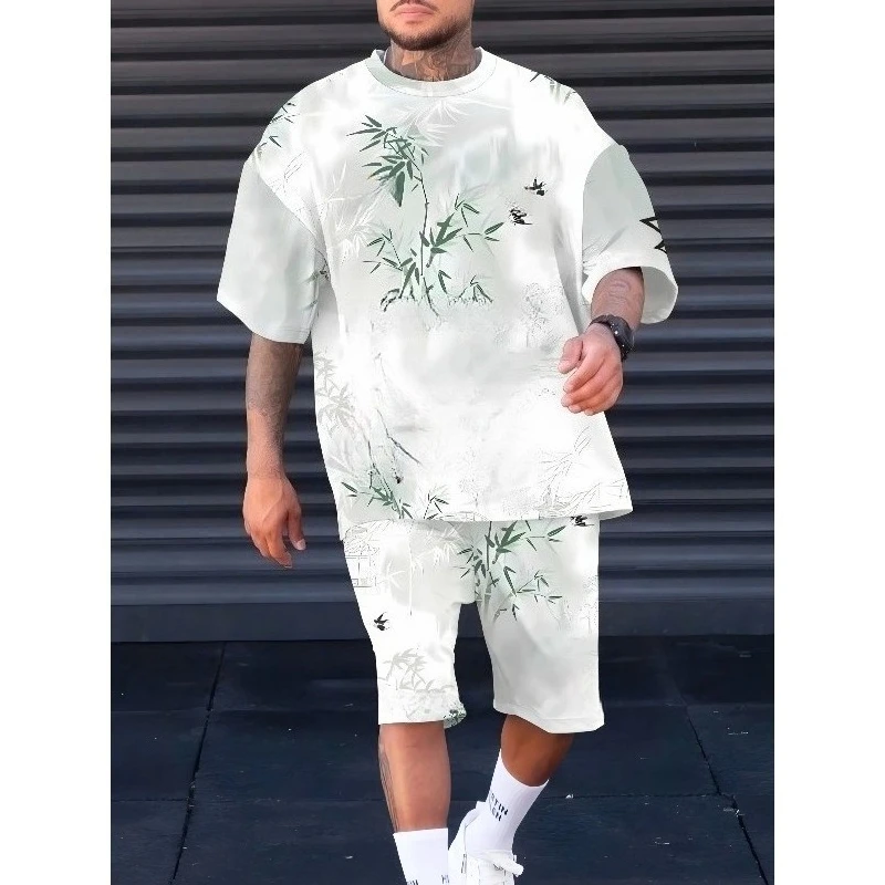 2025 Summer New Men's Sportswear 3D Printed Casual Daily Sports Round Neck Polyester Fiber Short Sleeve Shorts Two Piece Set