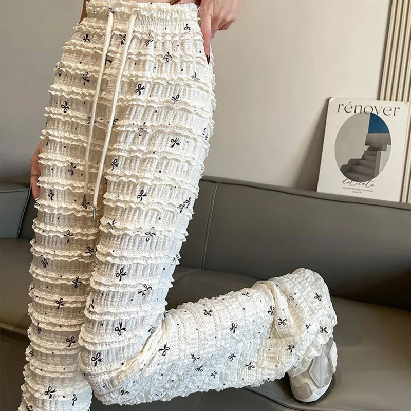 Spring Summer Lace Pants 2024 New Elastic High Waist Bow Print Micro-La Fashion Pants Women Black White Elastic Waist Trousers