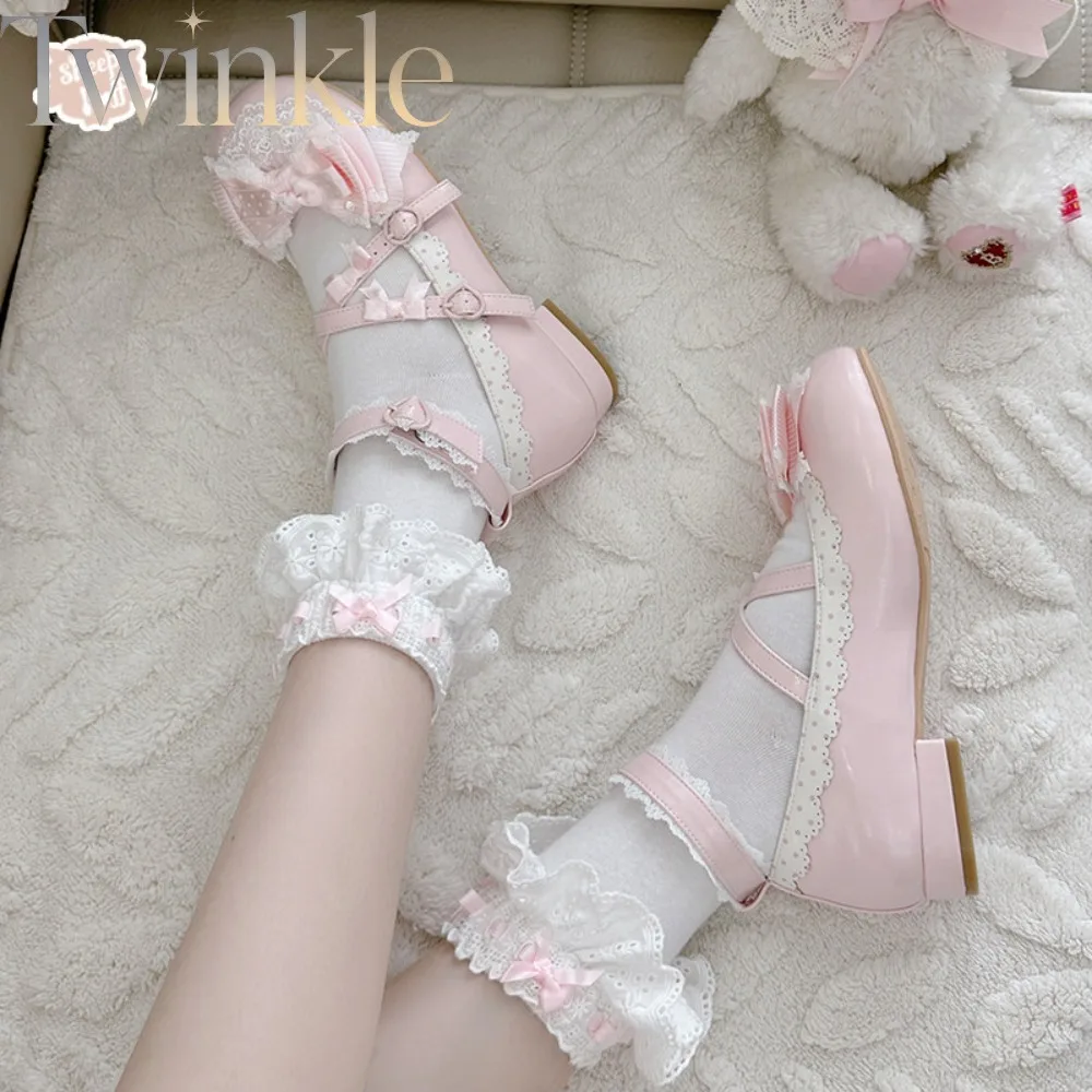 Sweet Lolita Satin Bow Shoes Low Heel Mary Jane Shoes Kawaii Japanese Fashion Cute Girly Dress Flats