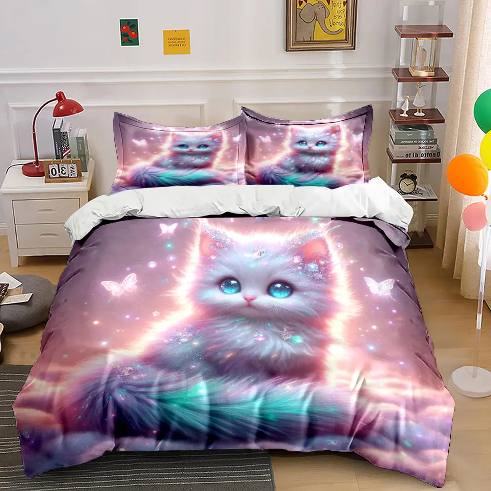 Enchanted glowing blue-eyed cat Print Bedding Set 1 Duvet Cover 2 Pillowcases for Adult and Children Luxury Gift Full Size