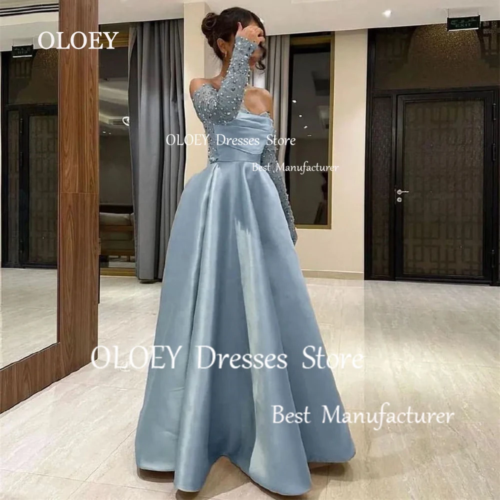 

OLOEY Unique Blue A Line Evening Dress With Beads Tulle Sleeves Arabic Wedding Party Gown Pleats Floor Length Custom Made