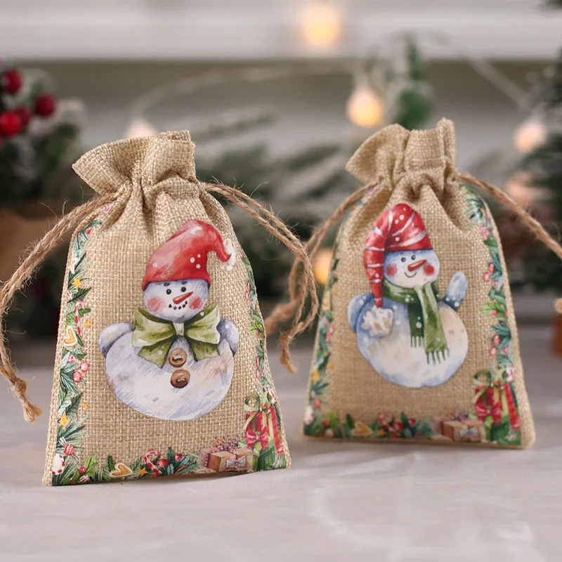 6pcs Linen Cotton Gifts Candy Bag Merry Christmas Decor For Home 2024 Xmas Cristmas Navidad Natal New Year 2025 Packing Gift Bag