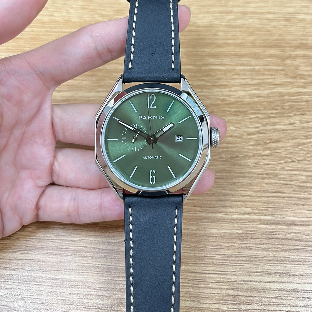 New Arrival Parnis 43mm Green Dial Automatic Mechanical Men Watches Leather Strap Sapphire Crystal Watch For Men reloj hombre