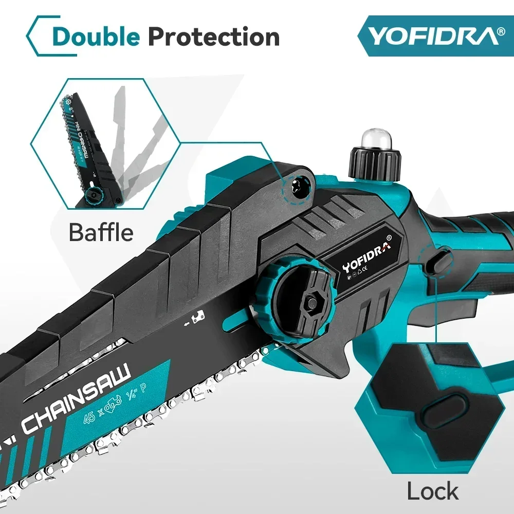 YOFIDRA Brushless 8 Inch Electric Chainsaw Cordless Rechargeable Woodworking Garden Pruning Saw Tool for Makita 18V Battery