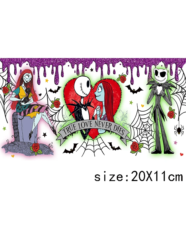 1 pz spettrale scheletro dolce Jack e Sally DTF Sticker Transfer Sticker Logo 16OZ Libbey Tumbler decalcomania UV DTF Cup Wraps Halloween