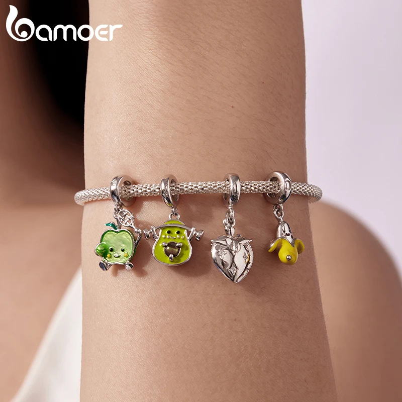 Bamoer 925 Sterling Silver Colorful Fruit Pendant Openable Strawberry Beads for Women DIY Bracelet Green Healthy Life Gift