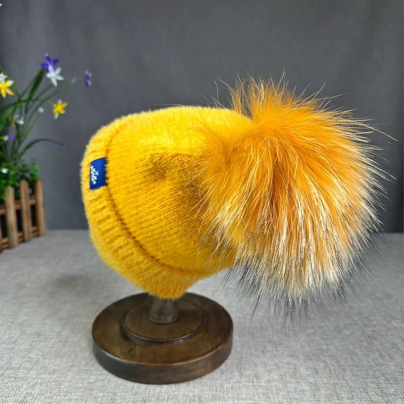 Natürliche pelz pompom frauen Winter Gestrickte Hut Outdoor Radfahren Gehörschutz Warme Schirmmütze Lässige Mode Hüte – Detail 2