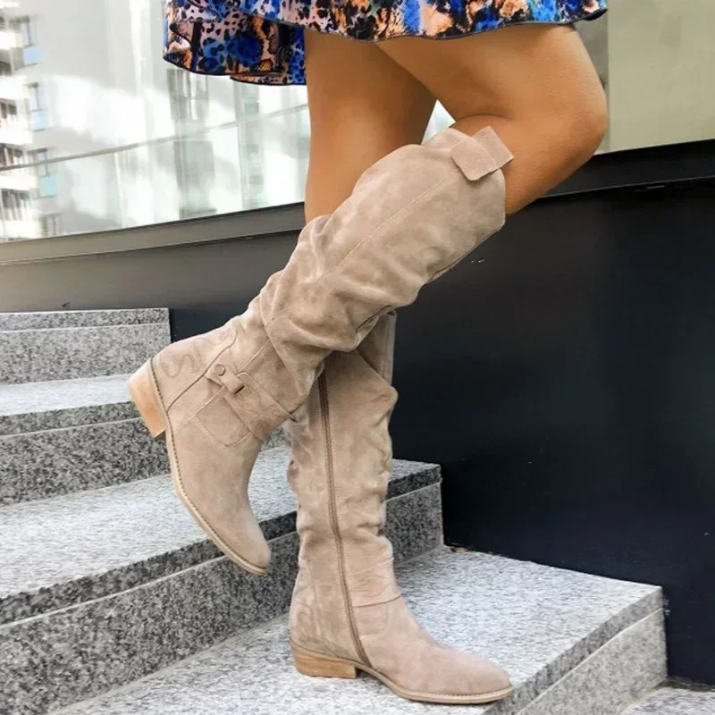 

Low Heel Side Zip Size 43 Suede Thigh High Women's Boots Retro Woman Booties Autumn Winter Knee High Boots 2024