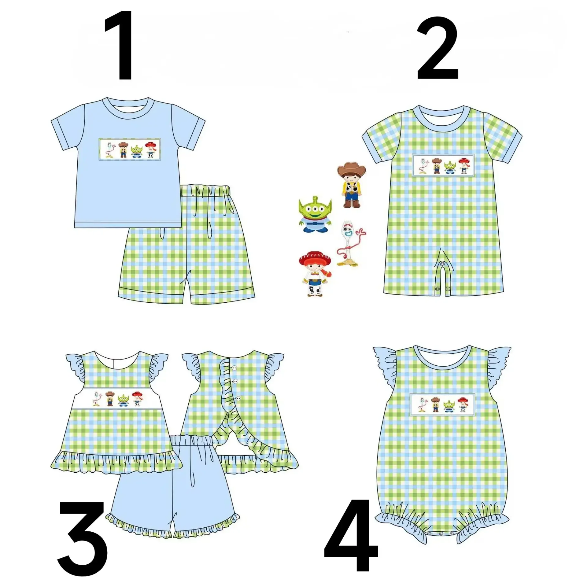 Children\'s Summer set Boys Short Sleeve Suit Cartoon Printed Blue Green Toddler Jumpsuit Boutique Fashion Children\'s suit