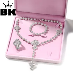 THE BLING KING Baguette CZ Cross Set Jewelry For Men Y shape Necklace 9mm Beads Chain Bracelet Big Cross Ring Hip Hop Jewelry