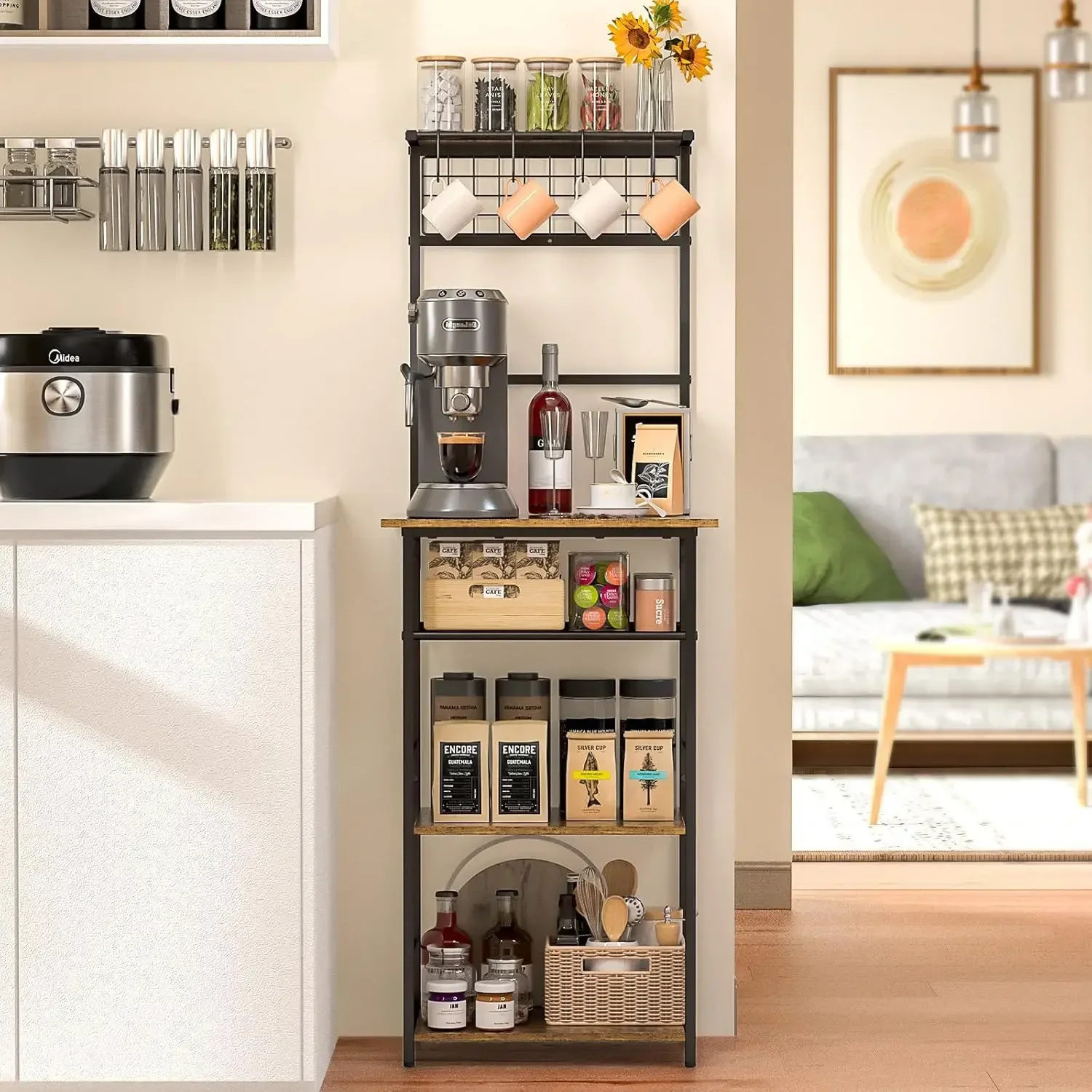 5 Tier Coffee Bar Station,Farmhouse Corner Coffee Bar Cabinet for Small Spaces, Bakers Rack for Kitchen, Entryway, Living Room