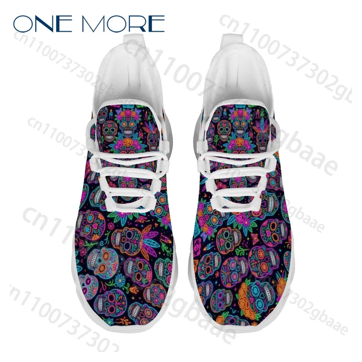 Holiday Gift Neon Sugar Skull All Over Print Sneakers Women Man Mexican Day of The Dead Breathable Mesh Lace‑Up Shoes view 2