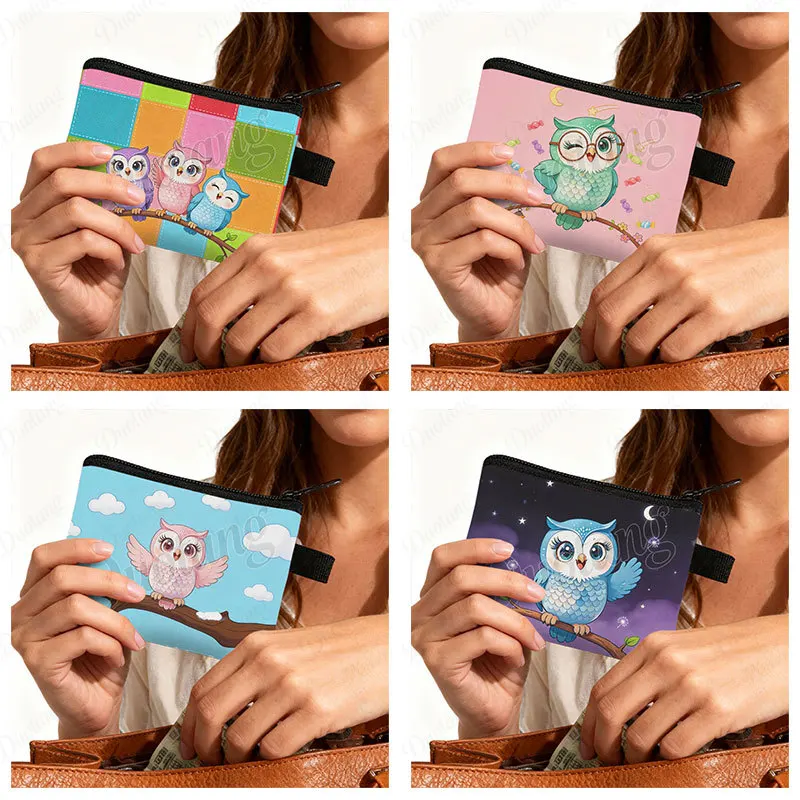 Cartoon Drawing Owl Perching on The Branch Graphic Patten Coin Bag Women Card Key Earphone Holder Coin Purse Zipper Pouch