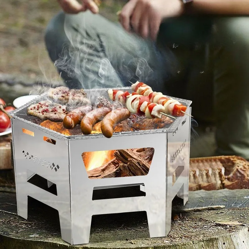 All-season Foldable Polygon Firewood Stove BBQ Grill Stainless Steel Camping Grill Outdoor Heater Fire Pit Outdoor