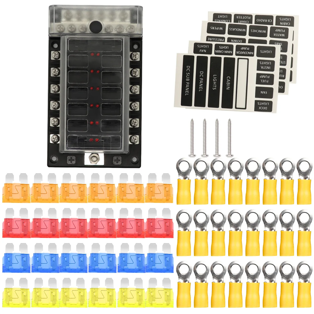 

12-way fuse box set one in and 12 out with indicator light and negative electrode sink line row rotatable upper cover