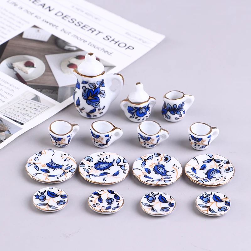 Vajilla en miniatura para casa de muñecas, juego de tazas de té de cerámica y porcelana, 15 piezas, 1:12