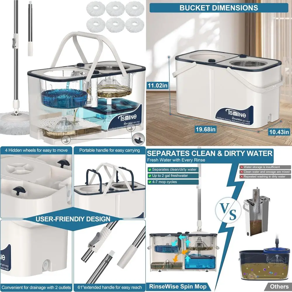 

Large-Capacity Spin Mop Bucket System for Deep Cleaning in Big Homes - 4-Chamber Design Separates Water for Efficient Cleaning D