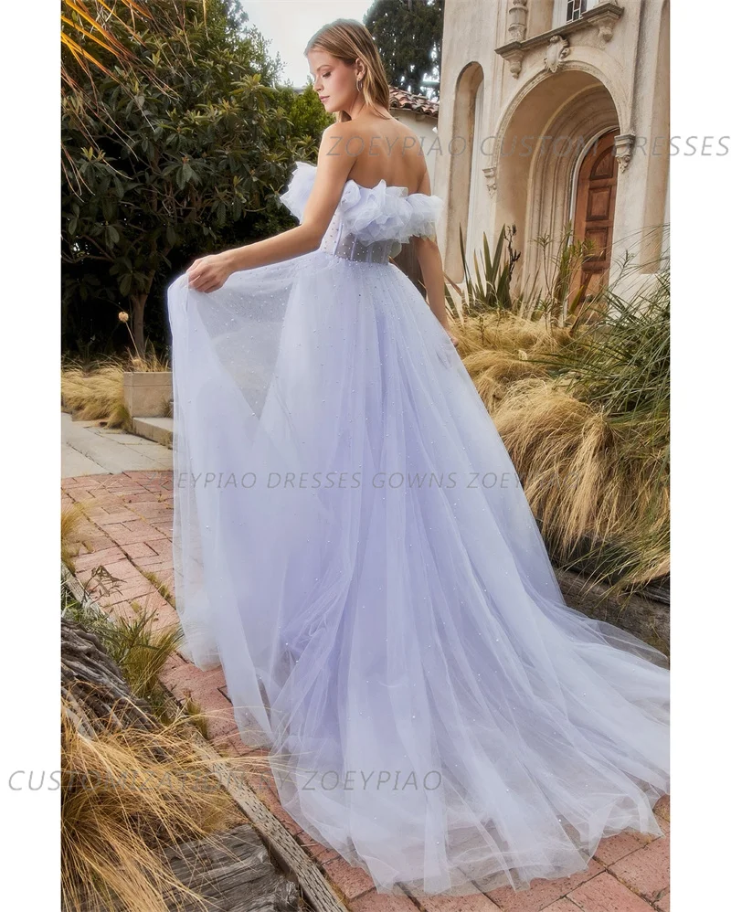 Lavanda Tulle viola lungo evento formale abiti da sera senza maniche pieghettato una linea senza spalline abito da ballo sposa abiti da festa 2024