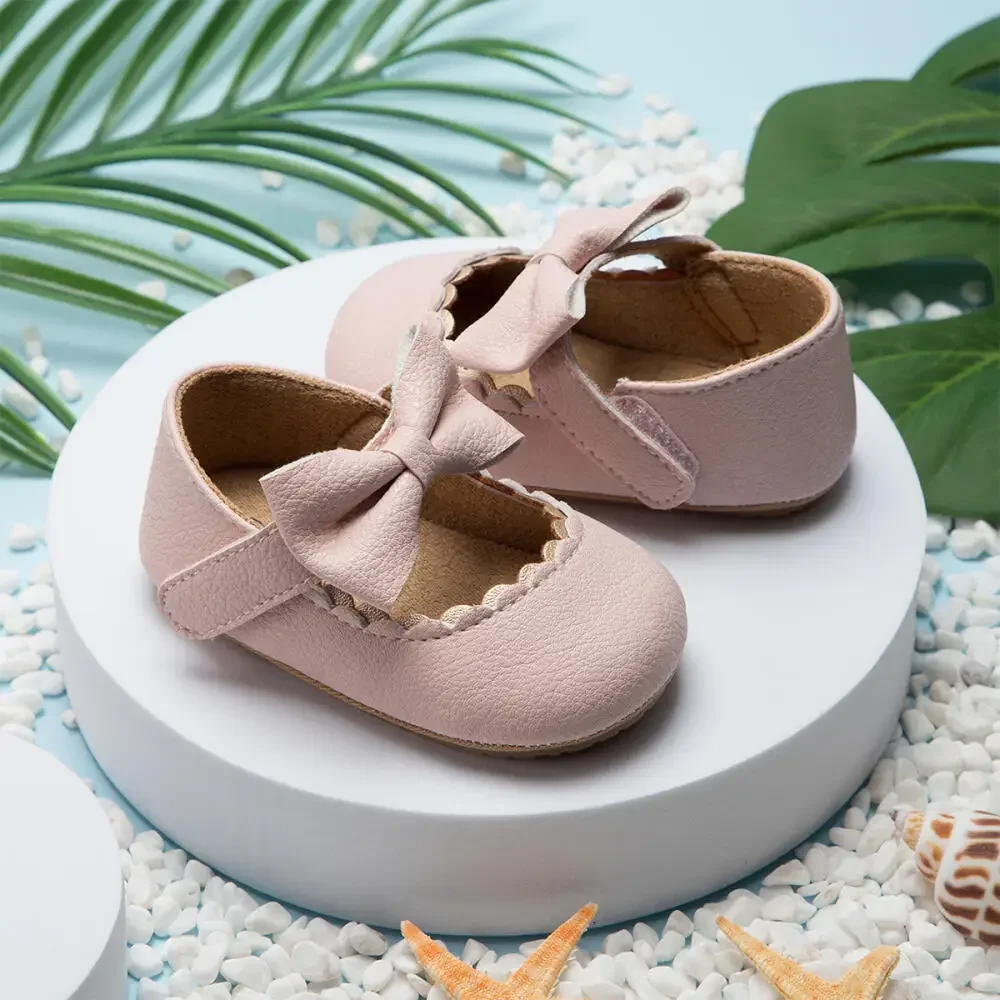 Retro Nieuwe Pasgeboren Baby Wandelschoenen Lente Herfst Effen Kleur Strik Prinsessenschoenen Pu Anti-Slip Zachte Rubberen Onderkant Baby Casual