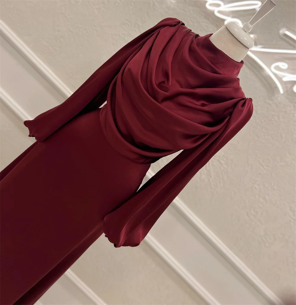 Vestido de noche de satén fruncido para mujer, manga acampanada, cuello alto, fruncido, Simple, Formal, para fiestas, 2023