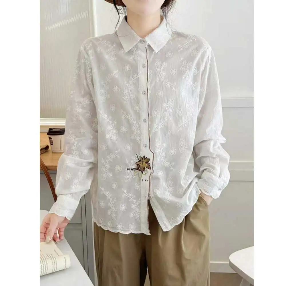 

Японские милые рубашки с вышивкой в виде листьев и мультфильмов Mori Girl, женские осенние новые повседневные свободные блузки с отложным воротником и длинными рукавами, топы