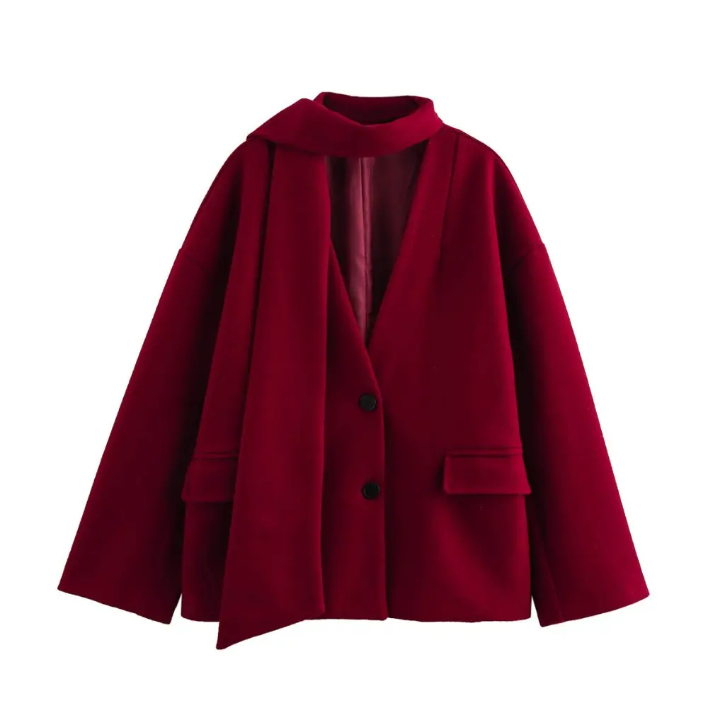 

European And American Fashion Joker Scarf Collar Long Sleeve Woolen Coat Women's Spring New Style B69203