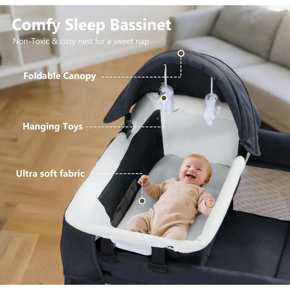 Compacte 4-in-1 speelplaats met wieg, commode en luifel, draagbare wieg voor baby's en peuters, donkergrijs