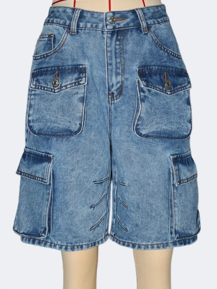 ผู้หญิงกางเกงยีนส์สั้นกางเกงตรง Midi Casual หลายกระเป๋าเข่าความยาว Vintage ล้าง Cargo Feminino Jean กางเกงขาสั้น 2025 ฤดูร้อนใหม่