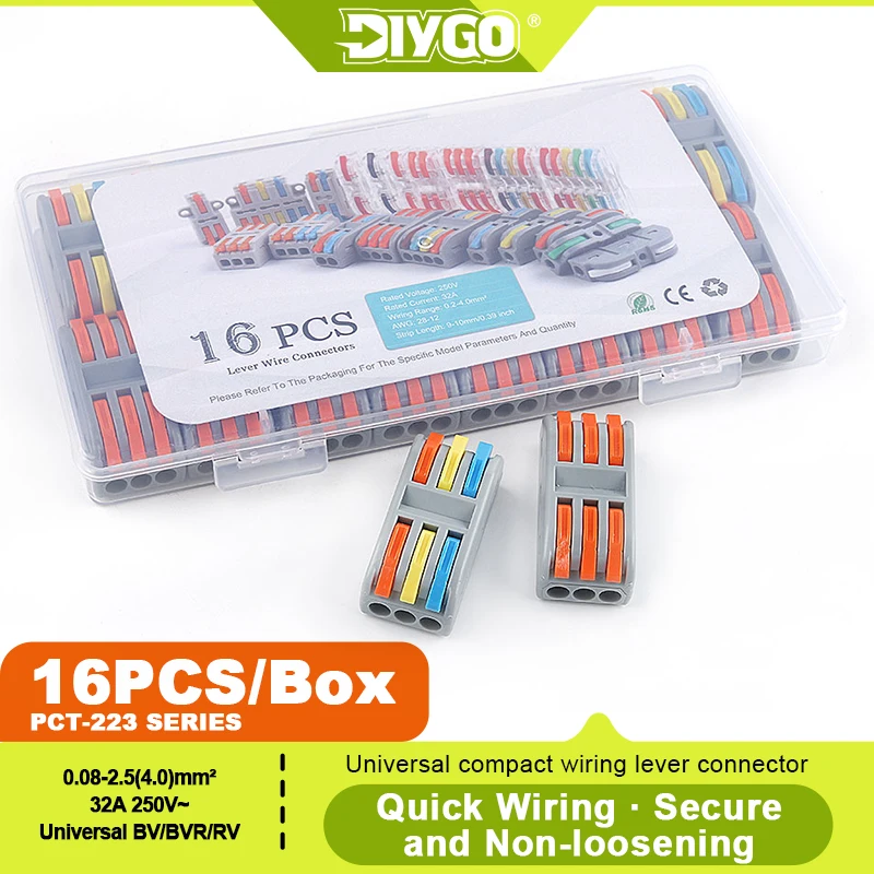 

DIY GO 16Pcs Wire Connectors 3 Conductor Compact Splicing Connectors, 3 Circuit Inline Splices Push-in Terminals 28-12 AWG