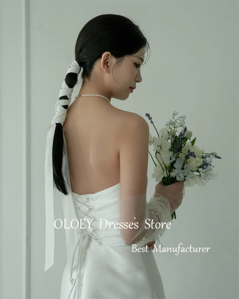 OLOEY Simple A Line Satin Korea abiti da sposa servizio fotografico senza spalline lunghezza alla caviglia abiti da sposa formale abito da festa guanti velo