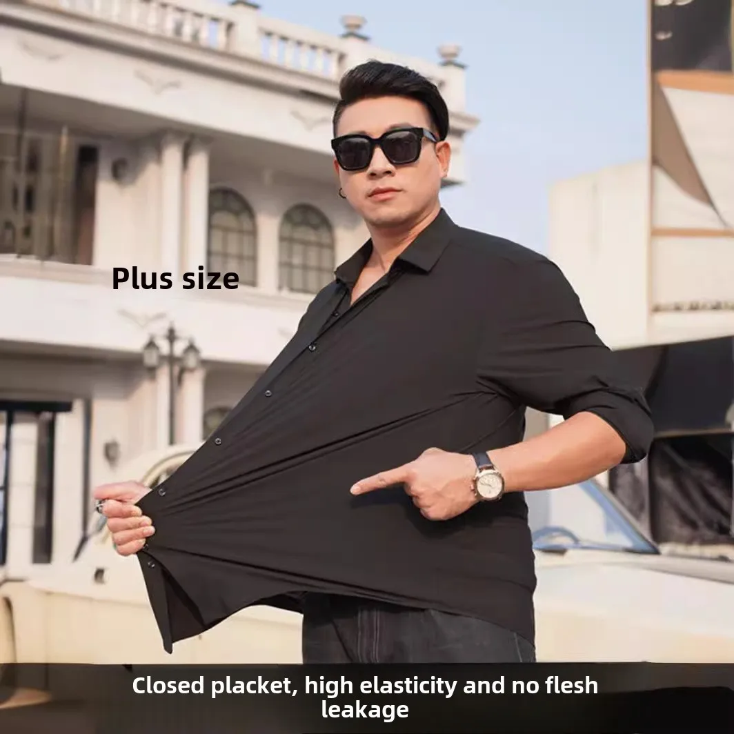 ヨーロッパのプラスサイズの男性用弾性シャツ、男性用無地長袖ルーズ四面弾性シャツ