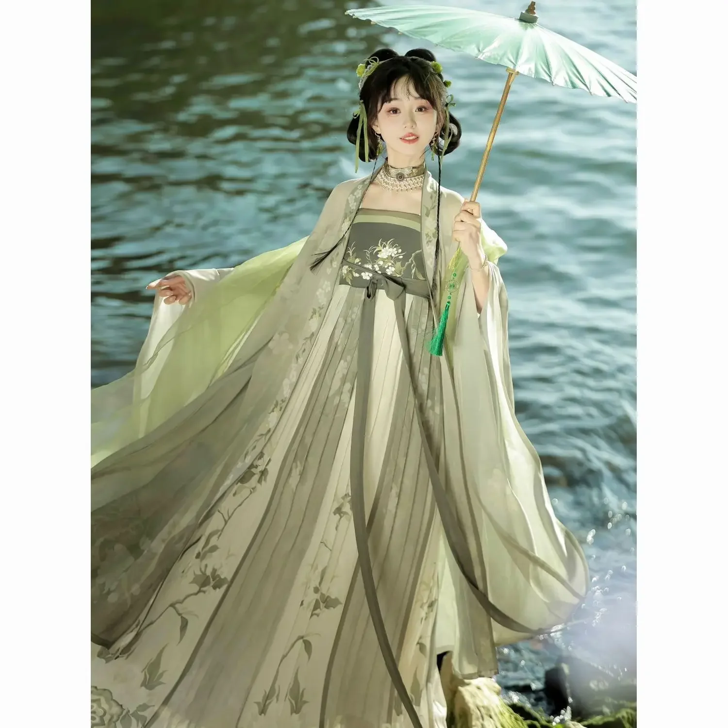 Groene Hanfu Chinese Traditionele Stijl Zomer Tang Damesjurk Set Met Chiffon Print Lange Jurk