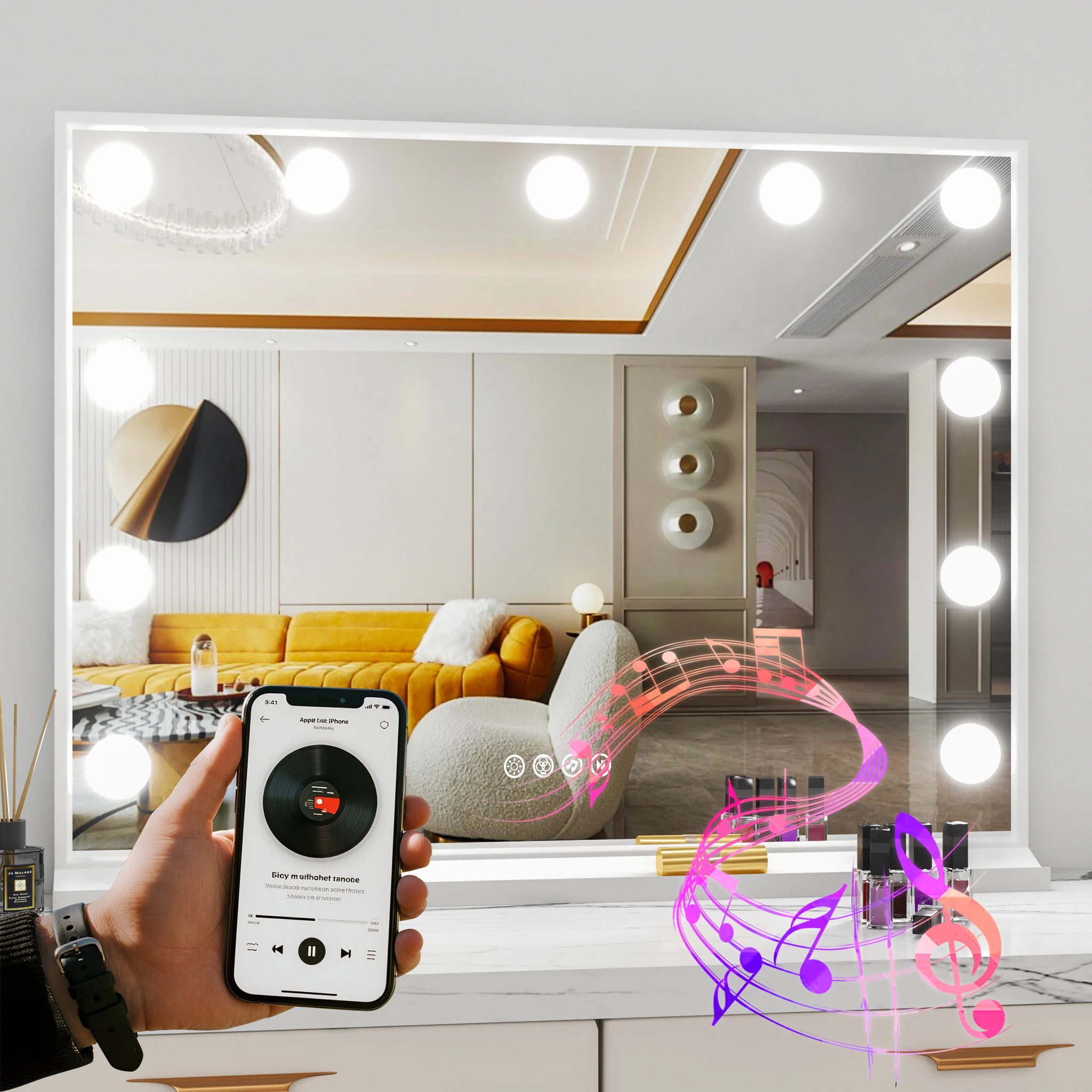 81CM Hollywood Vanity Mirror with 11 Bulbs, Bluetooth, 3 Lighting Modes Large USB Charging Port Lighted Makeup Mirror for Desk