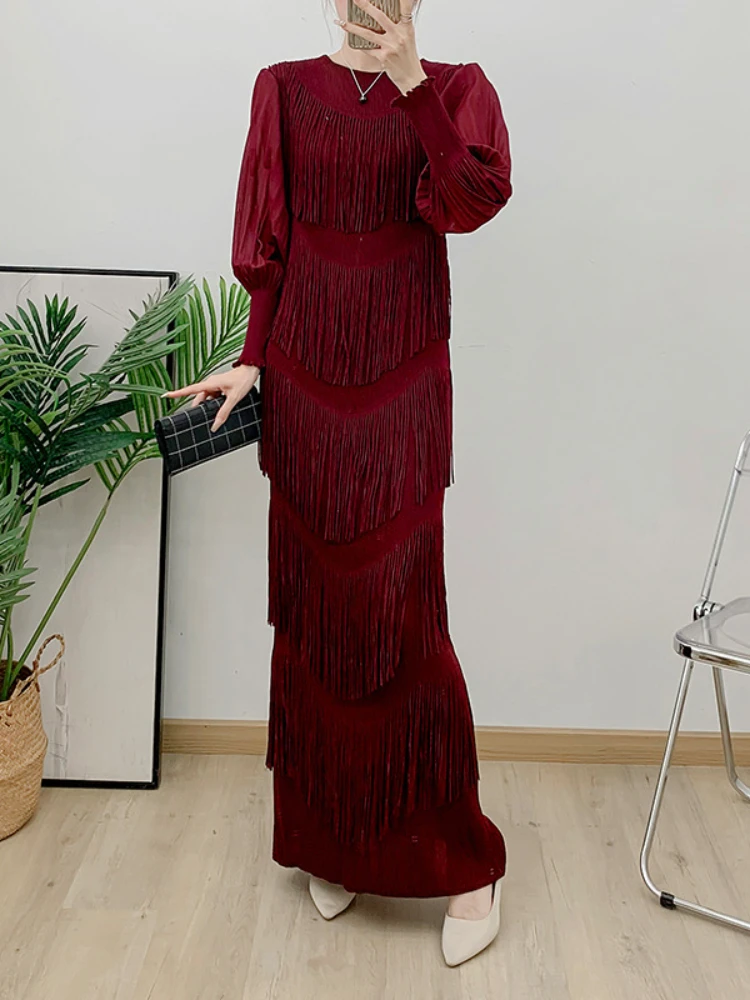 ANLAN Miyake Pleated Cake Tassel Long Section Waist Rose Red Pleated Dress for Women 2024 New Temperament Slim Dress 3AN0619