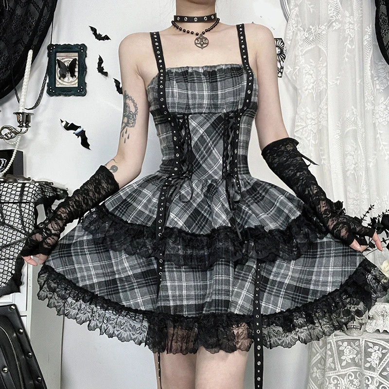 

Y2K Gothic Punk Dress Women Subculture Streetwear Lace Patchwork Plaid Mini Dress Dark Academic Hotsweet High Street Dress