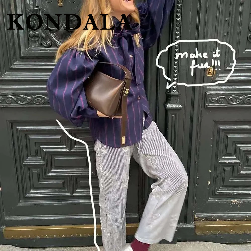 

KONDALA шикарная мода 2025 весенняя полосатая женская рубашка с бантом повседневная однобортная рубашка с длинным рукавом свободные винтажные топы Mujer