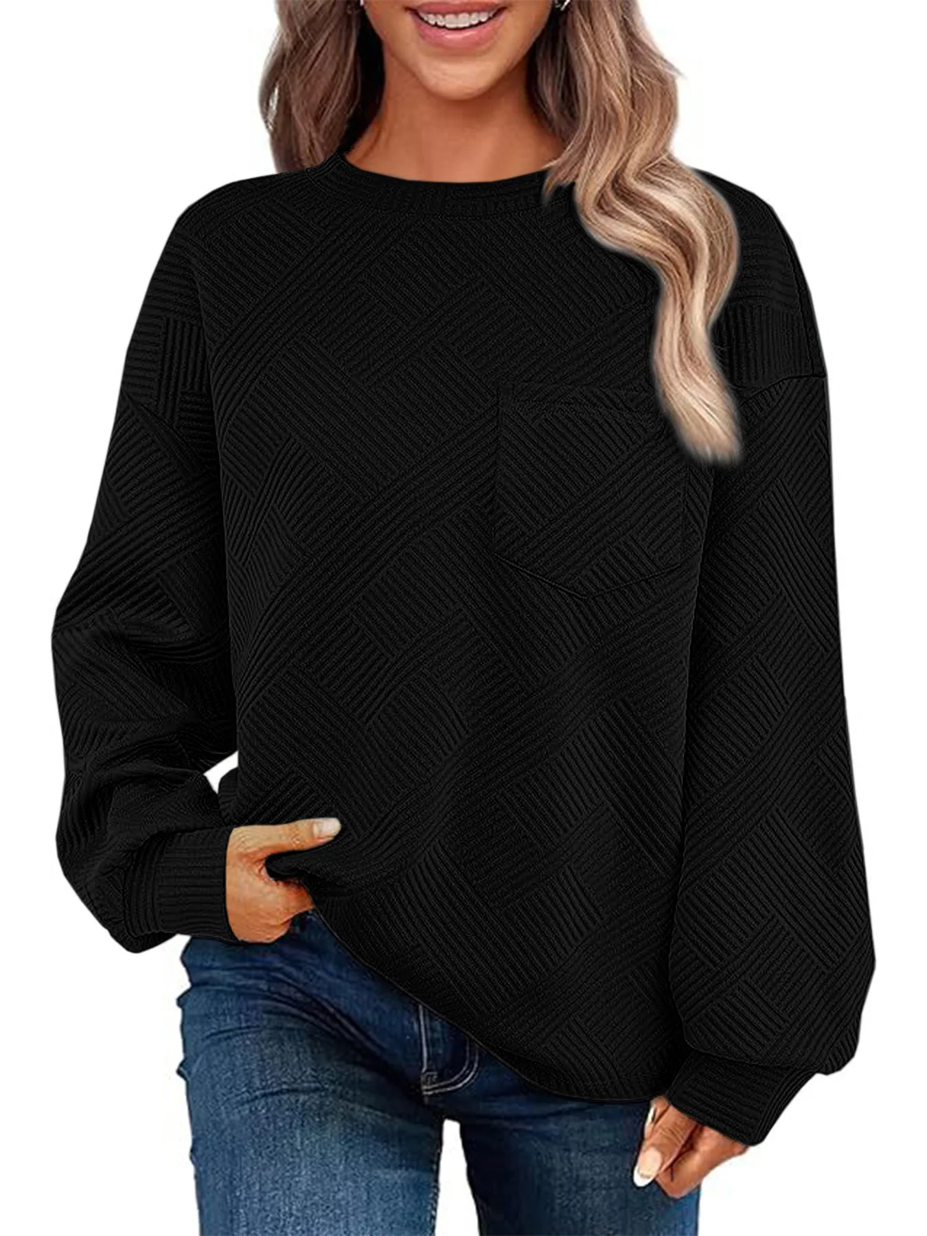 

Women Black Sweatshirt Geometric Jacquard Long Sleeve Pullover Casual Loose Crew Neck Tops With Pocket 2026Autumn Winter Solid