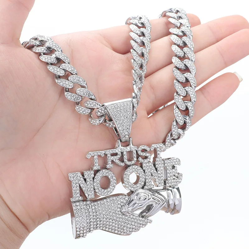 Mens Womens Hip Hop Personality Handshake Pendant Necklace with 15mm Cuban Chain Hip Hop Ice Crystal Sparkling Necklace Fashion