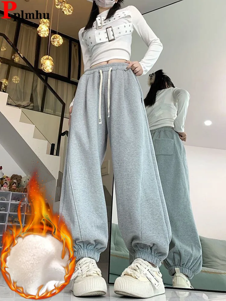 

Lightweight Velveteen Lined Ankle Length Harem Pants Lace-up High Waist Sweatpants Casual Baggy Pantalones Winter Women Spodnie