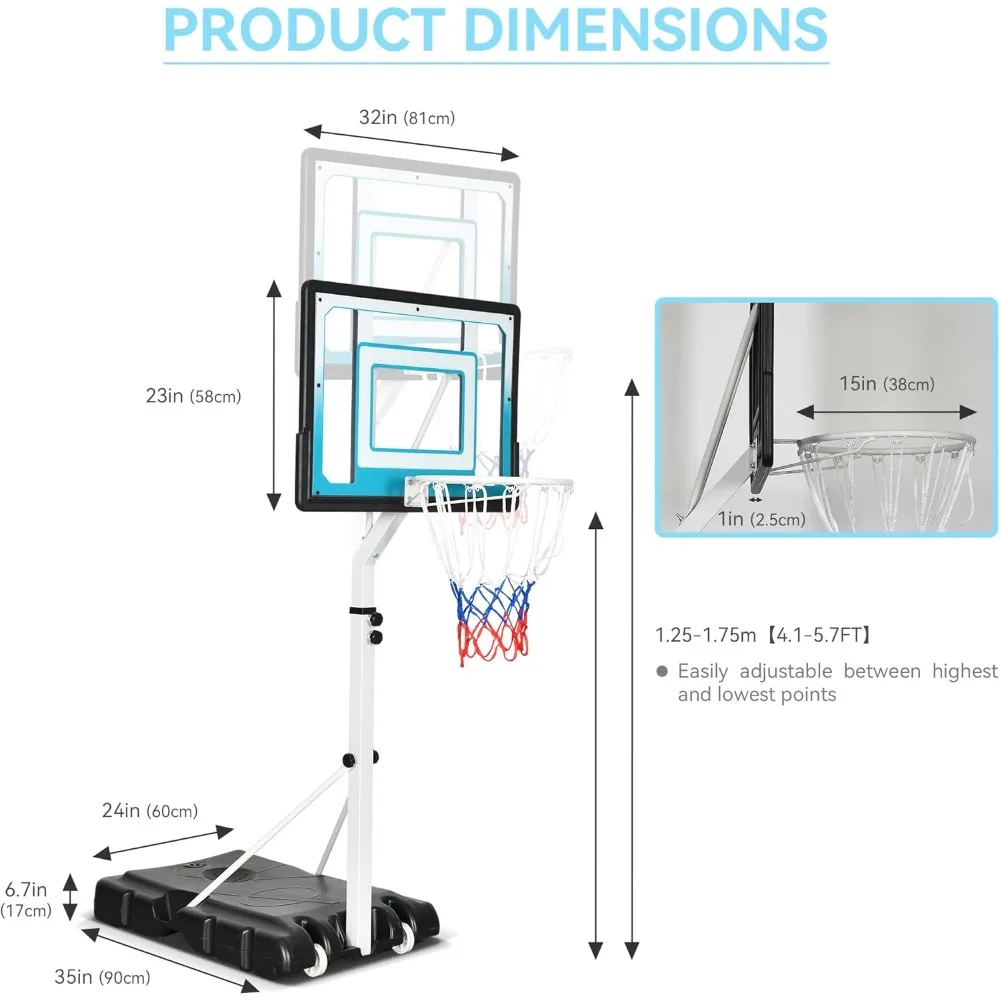 Tragbares, verstellbares Basketballkorbsystem, 4,1 bis 5,7 Fuß, ideal für den Einsatz am Pool, geeignet für verschiedene Alters und Fertigstufen