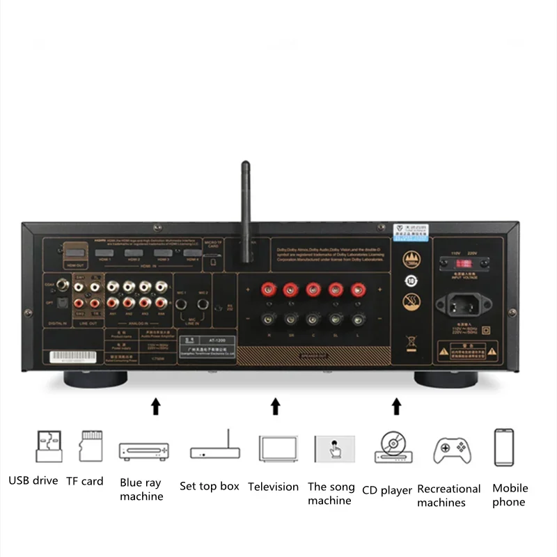 الفائز AT-1200 4K/HDR مكبر للصوت 5.1.2 مشهد كامل الصوت فك السينما KTV أمبير بلوتوث APP التحكم 8Ω