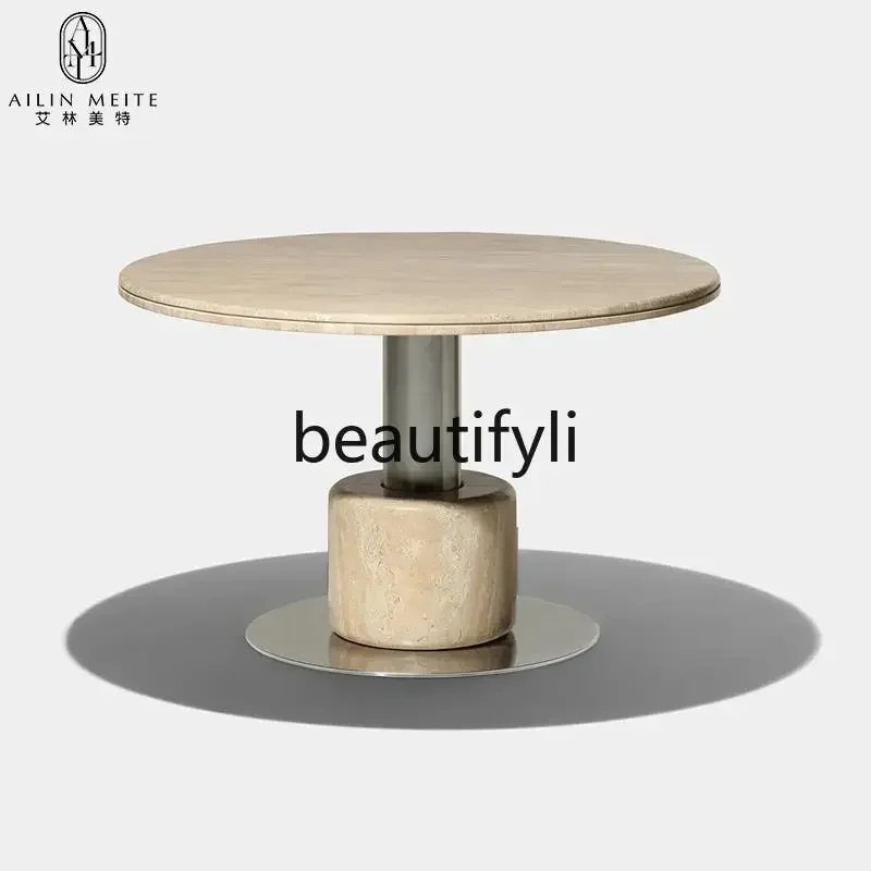 

Nordic simple natural travertine dining table light luxury designer creative marble dining table round tableQQQ