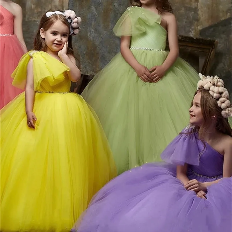 Shiny Sash One Shoulder Flower Girl Dresses A-Line With Big Bow Lovely Candy Color Kids Princess Birthday Party Gowns