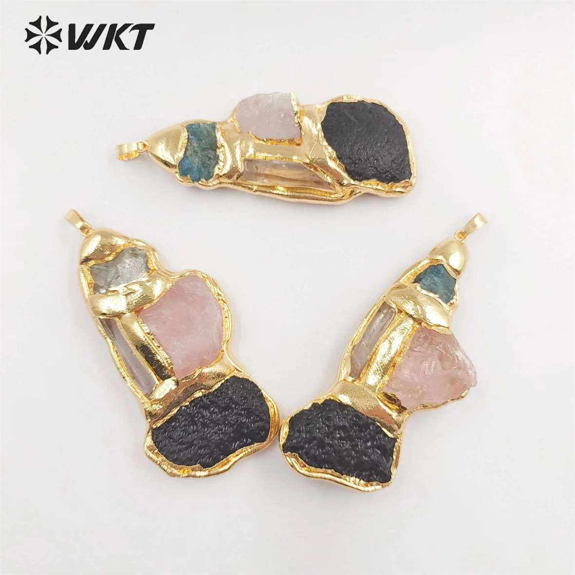 WT-P1905  Amazing Triple Gemstone Mixture Jewelry Pendants Genuine Energy Black Meteorite Rose Quartz Raw Stone ACC