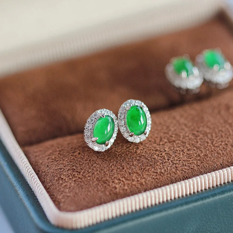 

A Surface S925 Silver Inlay Icy Jadeite Spicy Green Stud Emerald Earrings
