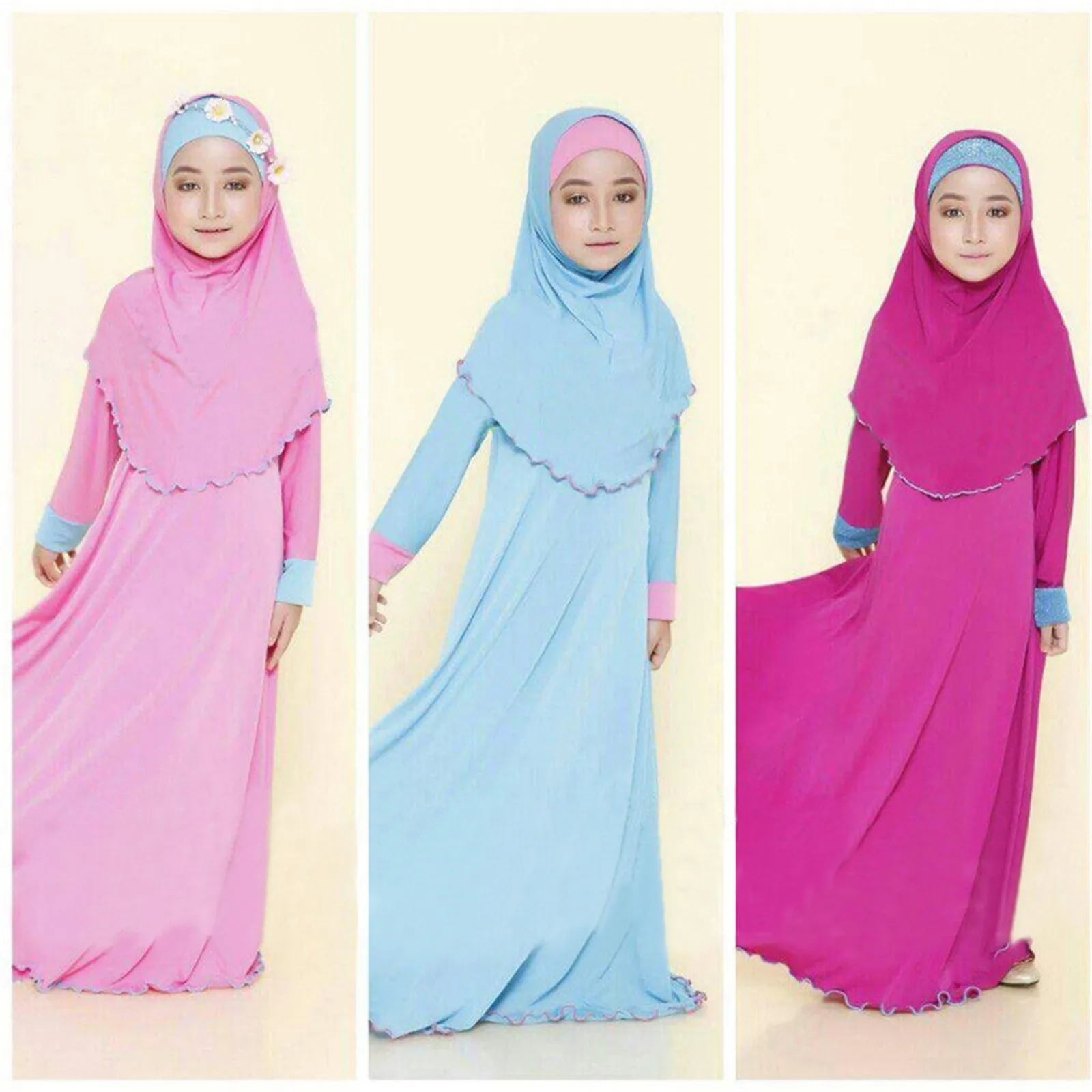 Muslim Islamic Girls\' Ramadan Abaya With Hijab Full Length Robe Burka Maxi Little Kid Toddler Baby Girl Dresses 1 to 14 Years