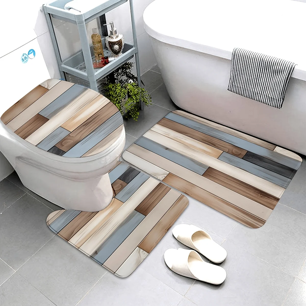 

3-Piece Wood Grain Bathroom Mat Set - Non-Slip Washable Area Rug and Toilet Seat Cover, Kitchen/Bathroom/Bedroom Floor Decor